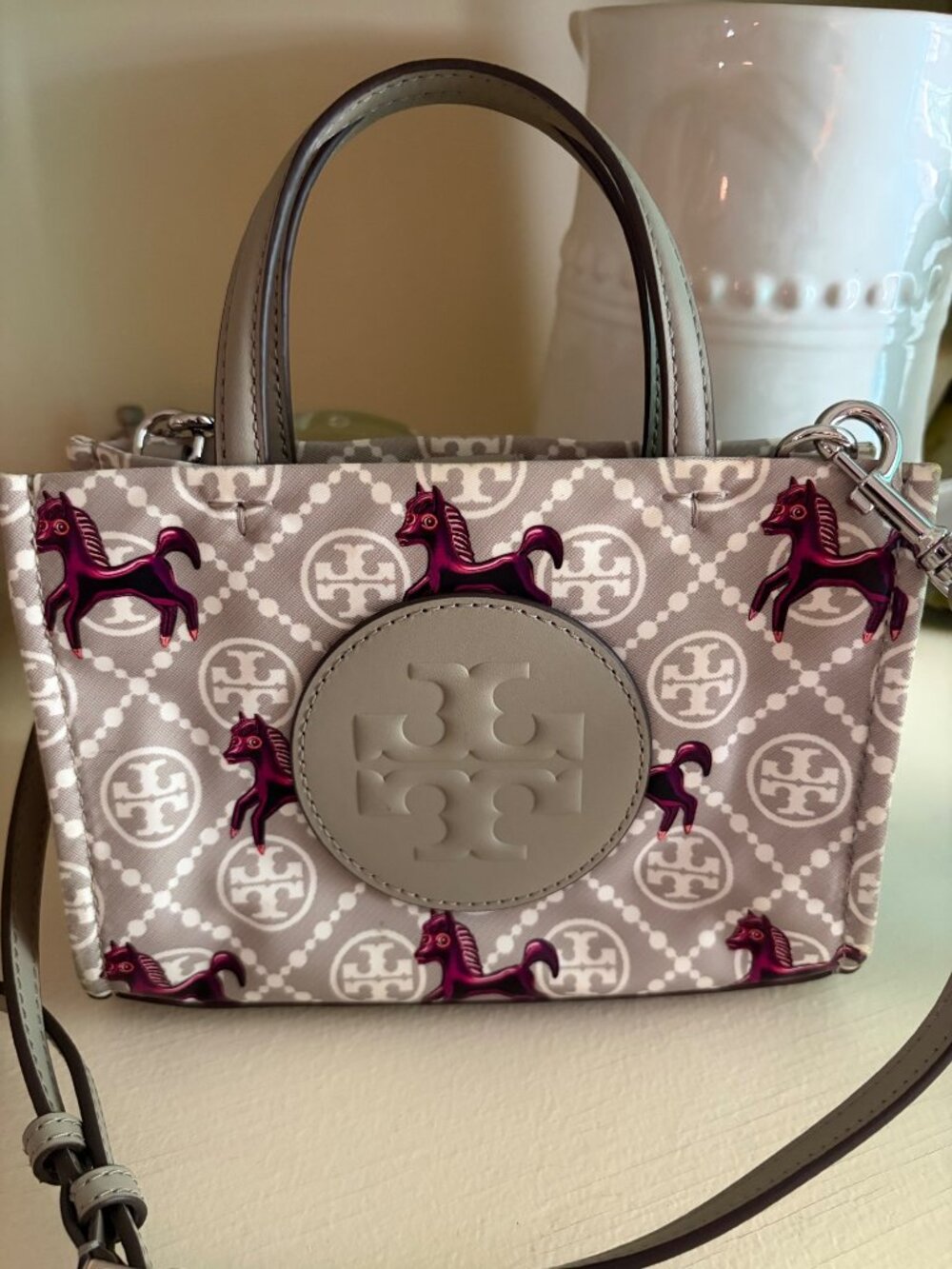 Tory Burch Mini Ella Horse Tote Crossbody Gray & Magenta